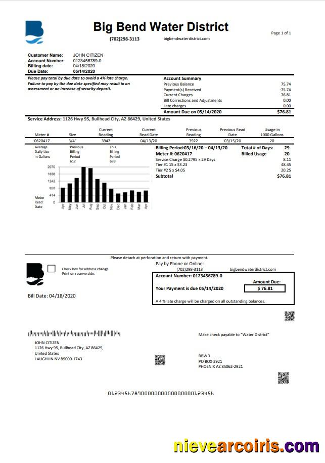 USA Nevada Big Bend Water District utility bill